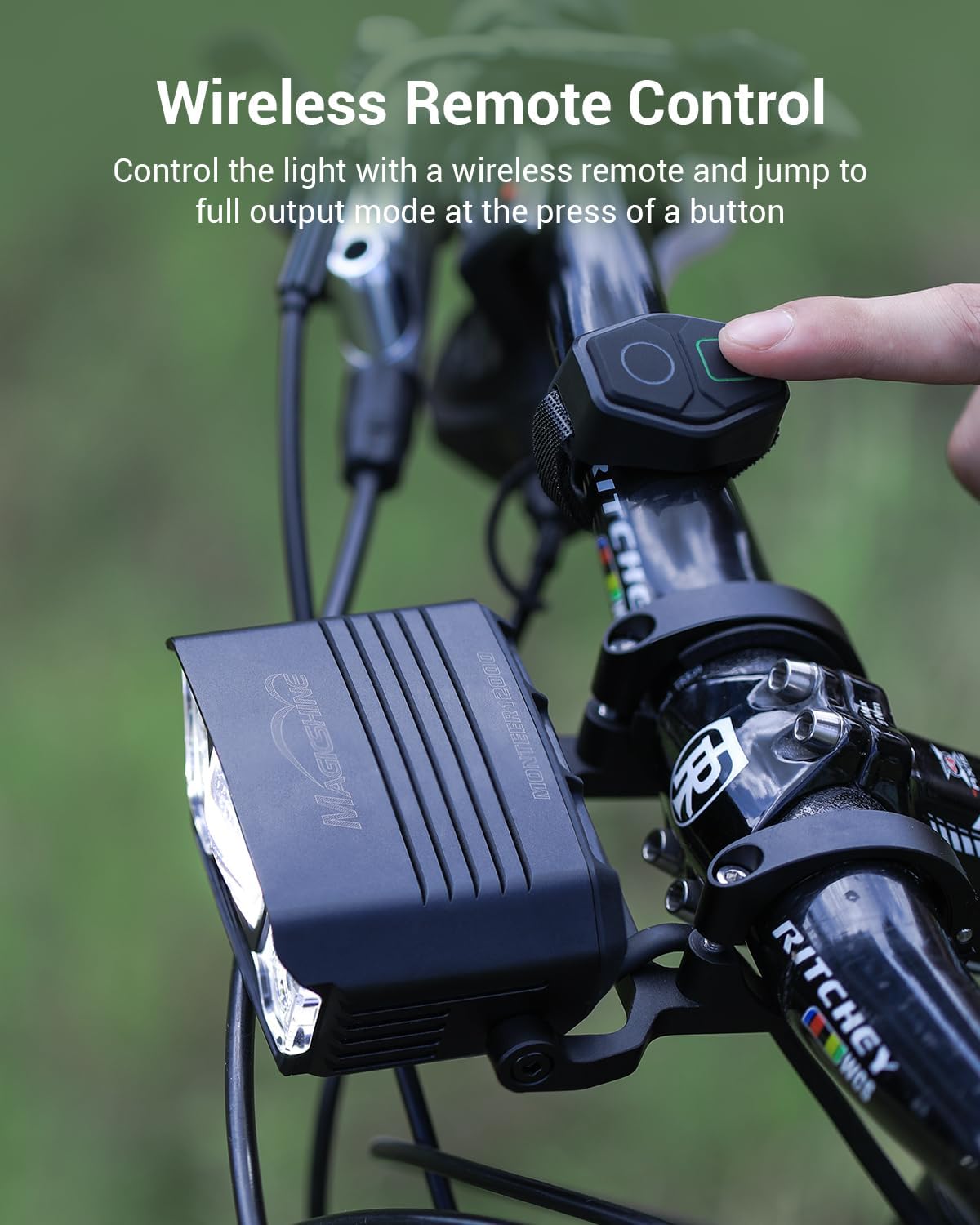 Bicycle light with wireless remote control on a blurred green background