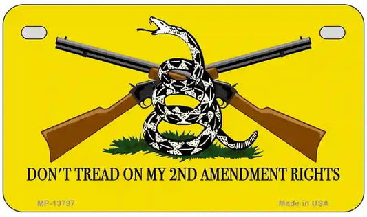 License plate with crossed rifles and a snake, featuring text 'Don't Tread on My 2nd Amendment Rights' on a yellow background.