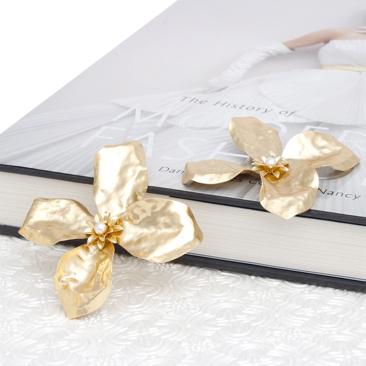 Studs Large Matte Gold Sculptured Flower Earrings