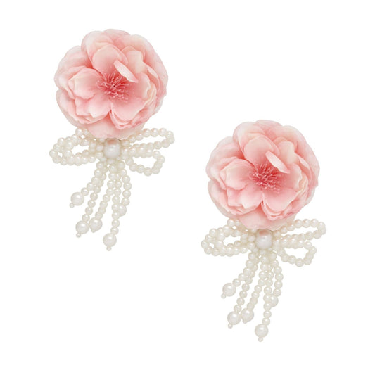 Dangle Pink Petal Flower Pearl Bow Long Earrings