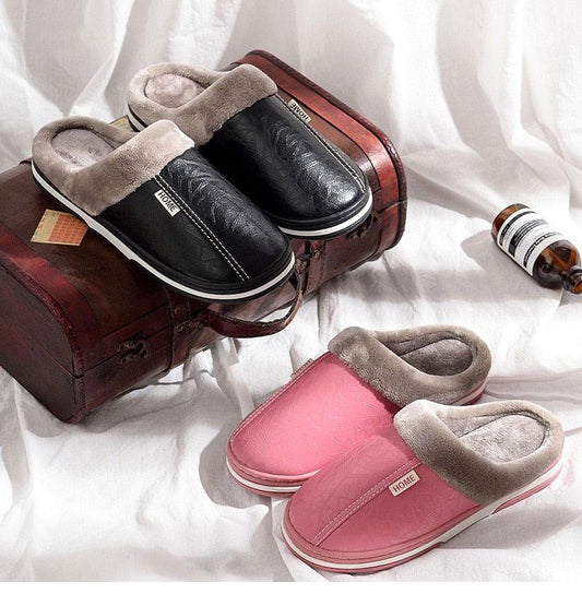 New Women Men Winter House Slippers PU Leather Cute Plush Slip On Fluffy Warm Casual Shoes House Slippers Memory Foam Comfy Fuzzy Soft Slip On Indoor Slippers For Men