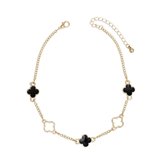 Anklet Gold Black Quatrefoil Dainty Ankle Chain