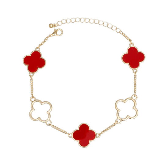Anklet Gold Red Quatrefoil 5 Motif Ankle Chain