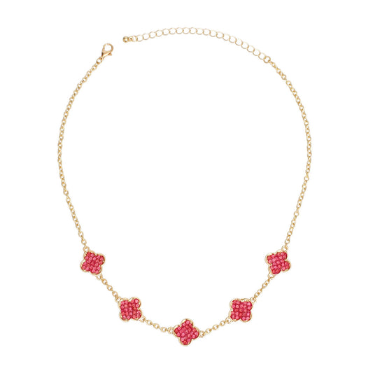 Necklace Gold Pink Rhinestone Quatrefoil Clovers