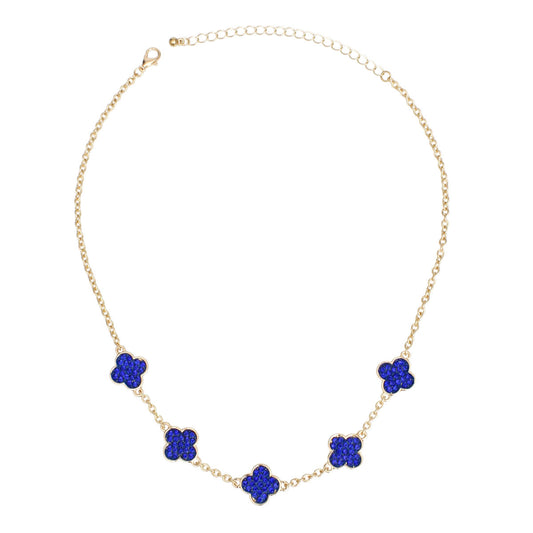 Necklace Gold Blue Rhinestone Quatrefoil Clovers