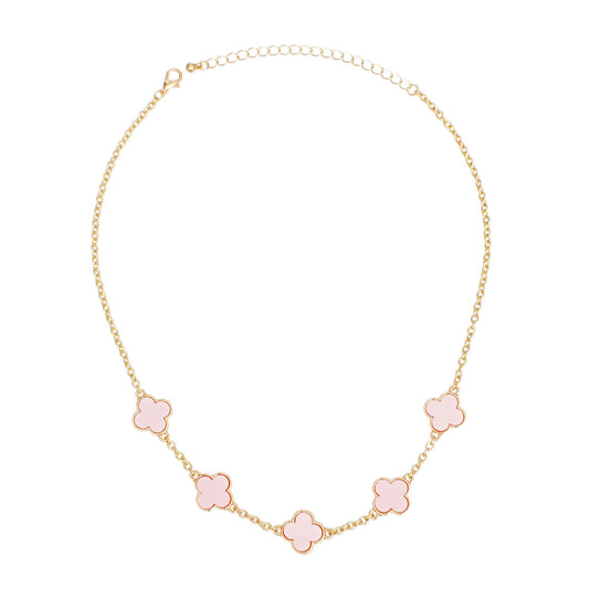 Necklace Gold Chain Pink Quatrefoil Clovers Women