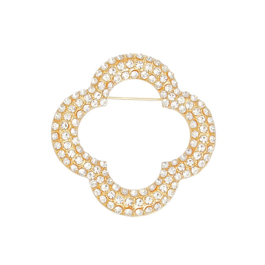 Brooch Gold Rhinestone Quatrefoil Clover Pin