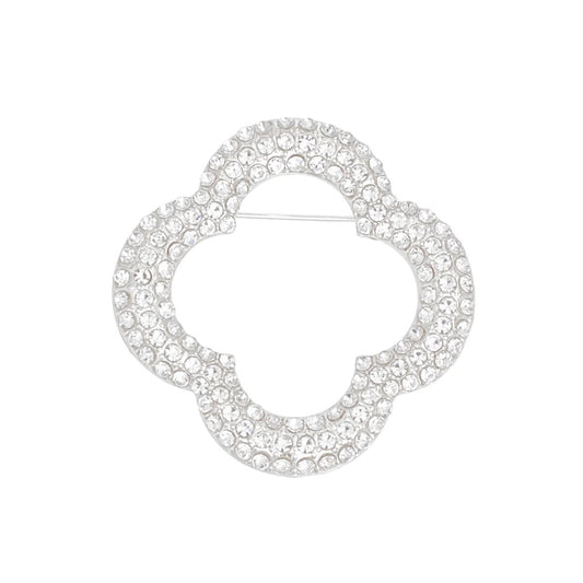 Brooch Silver Rhinestone Quatrefoil Clover Pin