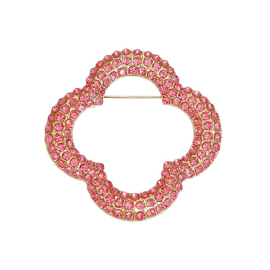 Brooch Pink Rhinestone Quatrefoil Clover Pin