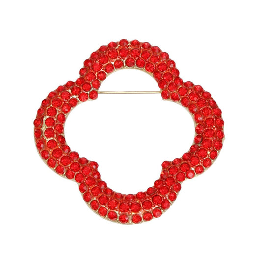 Brooch Red Rhinestone Quatrefoil Clover Pin