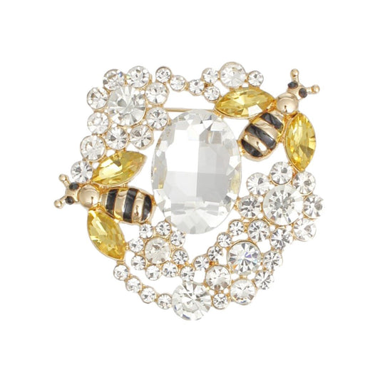 Brooch Gold Clear Glass Crystal Bee Flower Pin