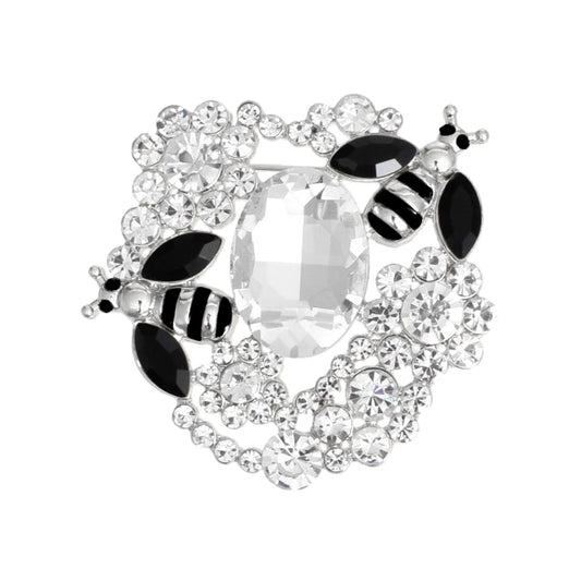 Brooch Silver Clear Glass Crystal Bee Flower Pin