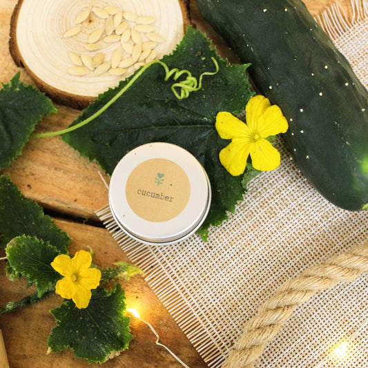 Cucumber product with leaves and flowers on a wooden surface