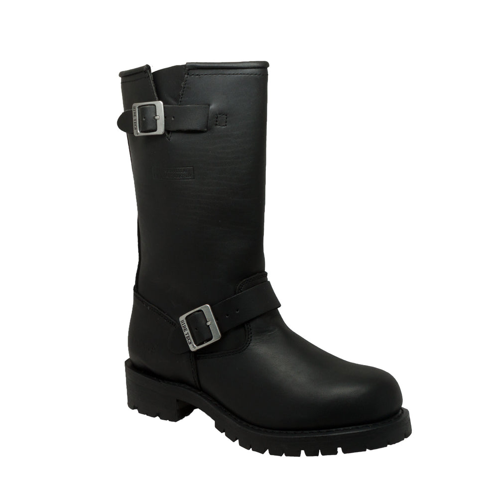 A black leather engineer boot with adjustable collar and side ankle straps, featuring two silver buckle closures.