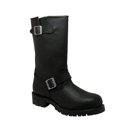 A black leather engineer boot with adjustable collar and side ankle straps, featuring two silver buckle closures.