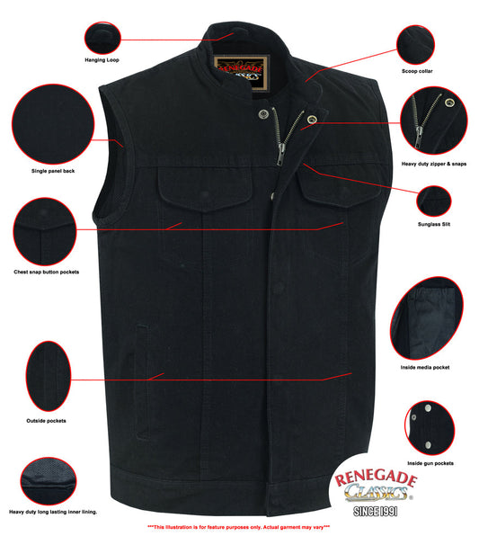 Weston Black Men's Denim Motorcycle Vest – Single Panel Back