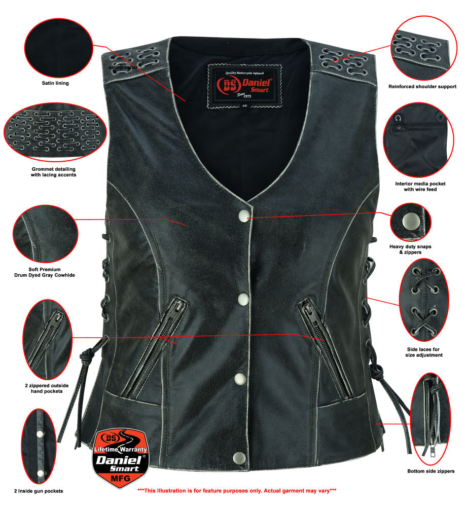 Infographic DS Women's Gray Vest with Grommet and Lacing Accents