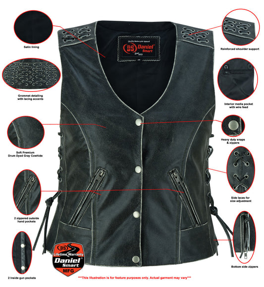 Infographic DS Women's Gray Vest with Grommet and Lacing Accents