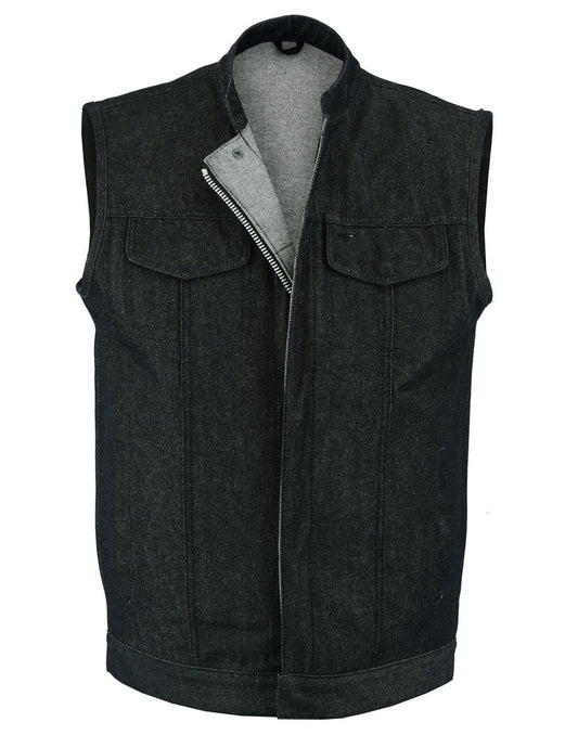 DM Men's Rough Rub-Off Raw Finish Motorcycle Denim Vest - Black