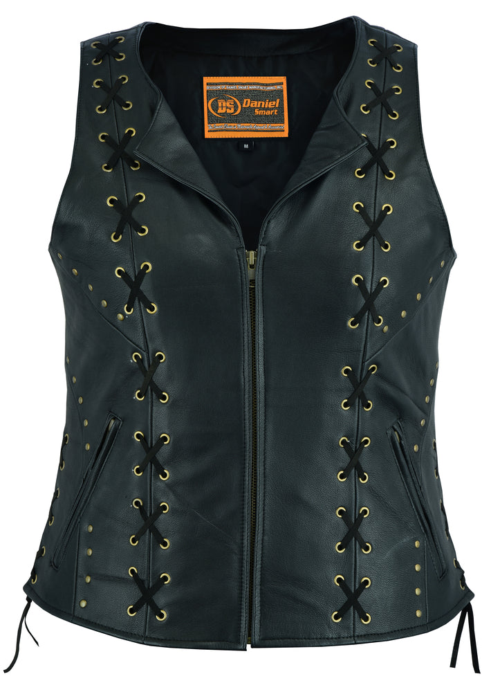 Full Front Women's Zippered Vest with Lacing Details