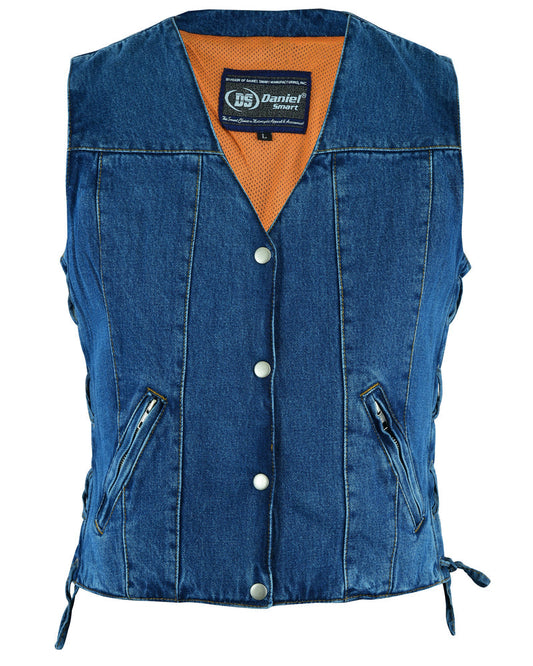 Front View DM Women's Single Back Panel Concealed Carry Denim Vest - Blue