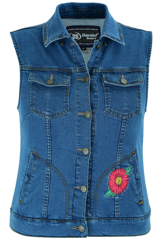 Full Front DM Women's Blue Denim Snap Front Vest with Red Daisy