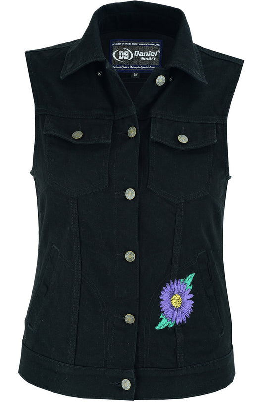Full Front DM Women's Black Denim Snap Front Vest with Purple Daisy