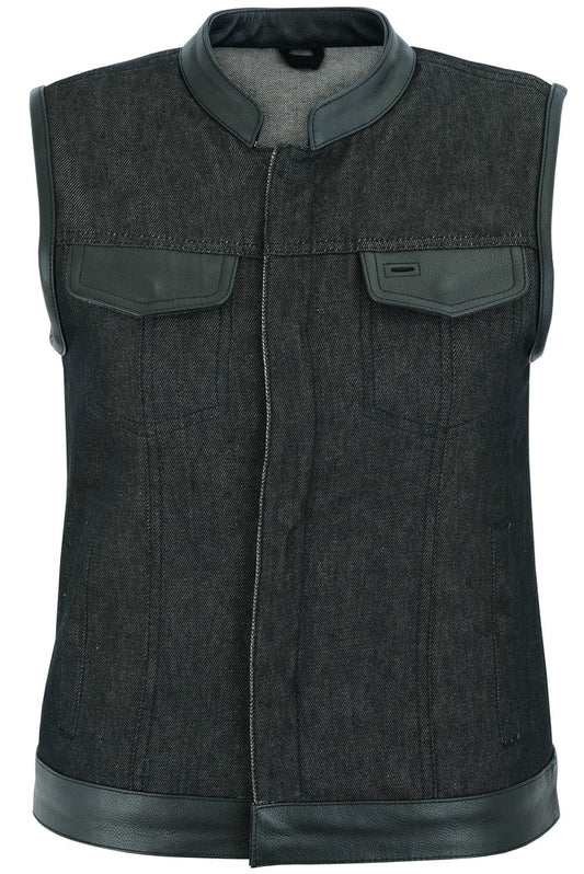 DM Women's Rough Rub-Off Raw Finish Denim Vest W/Leather Trim