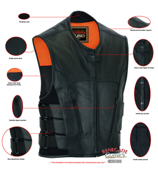 Men's Black Leather SWAT Style Motorcycle Vest