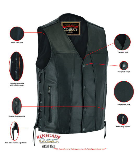Infographic Clubster Men's Black Milled Cowhide Side Lace Motorcycle Leather Vest