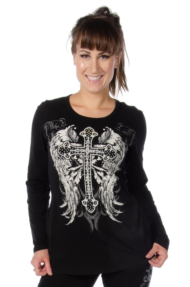 Long Sleeve V-Neck with Cross and Wings Ladies Shirt