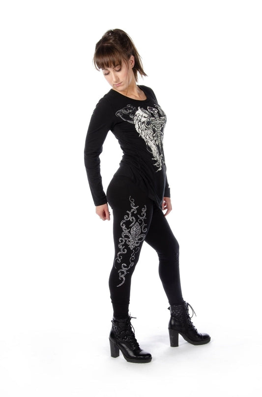 Side View Long Sleeve V-Neck with Cross and Wings Ladies Shirt