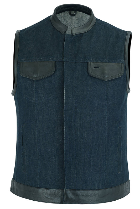 Fll Front DM Women's Broken Blue Rough Rub-Off Raw Finish Denim Vest W/Leath