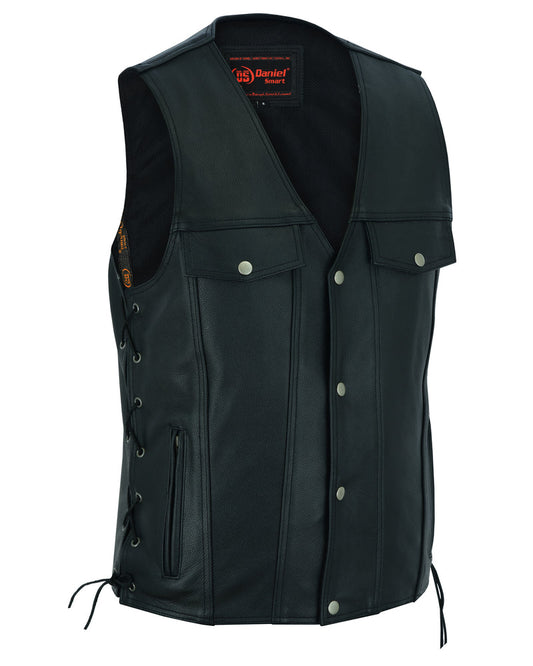 DS Men's Black Leather Vest with Side Laces and Smart Access Pockets