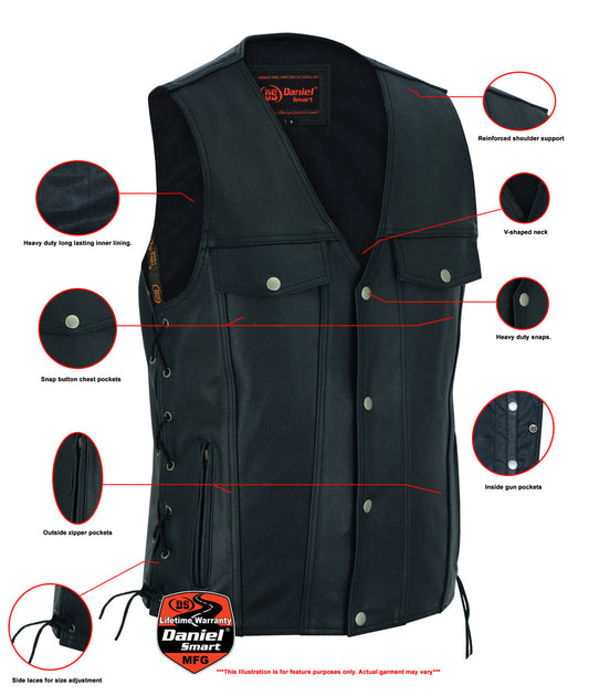DS Men's Black Leather Vest with Side Laces and Smart Access Pockets