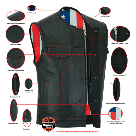 Men's Banded Collar leather Vest with USA Flag Lining & Red Stitching