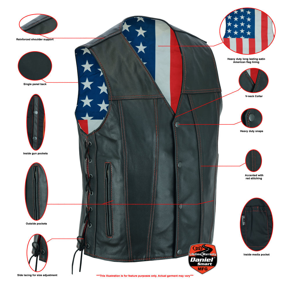 DS Men's Honor Ride Black Leather Motorcycle with Vest Red Stitching