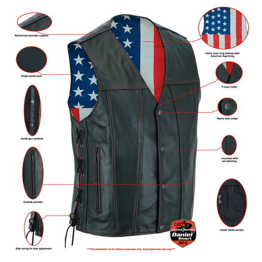 DS Men's Honor Ride Black Leather Motorcycle with Vest Red Stitching