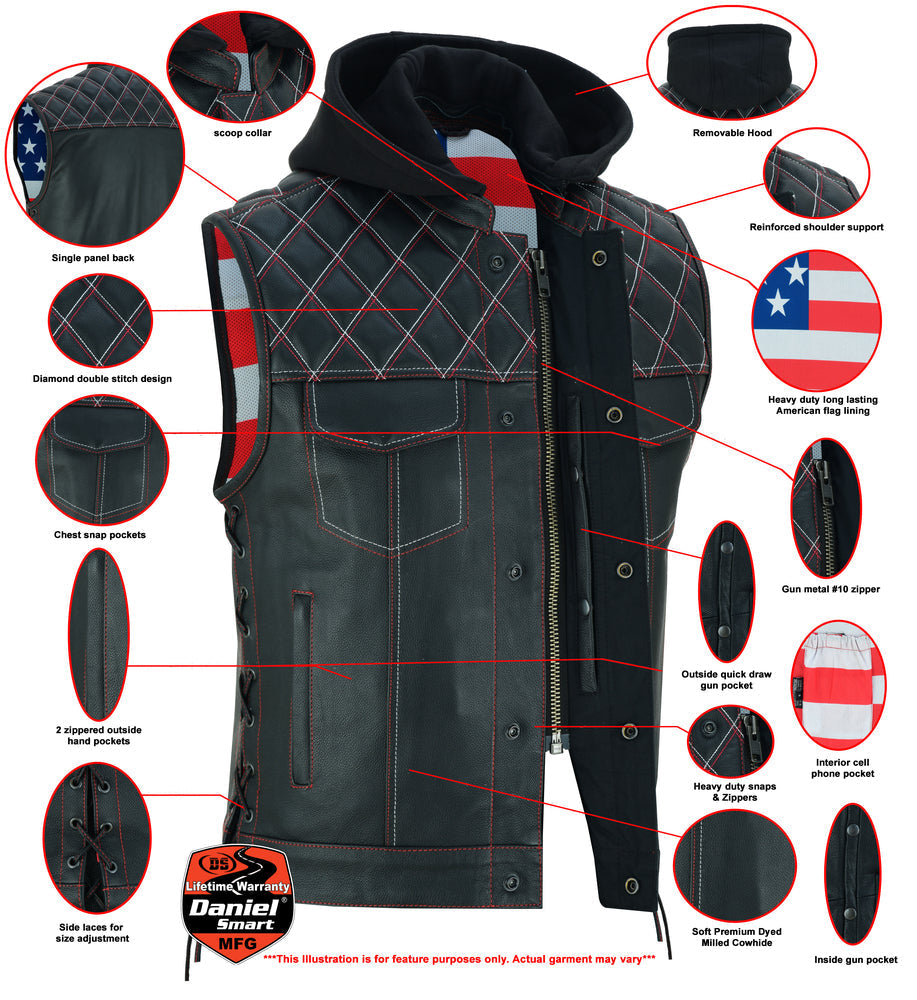 DS Men's Road Edge Leather Black Vest – Removable Hood