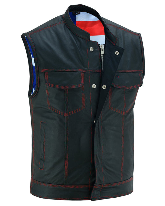 DS Mens's Leather Motorcycle Vest with Scoop Collar & USA Flag