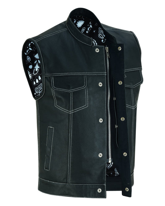 DS Men's Paisley Black Leather Motorcycle Vest with White Stitching