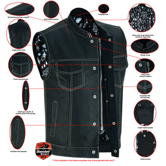 DS Men's Paisley Black Leather Motorcycle Vest with White Stitching