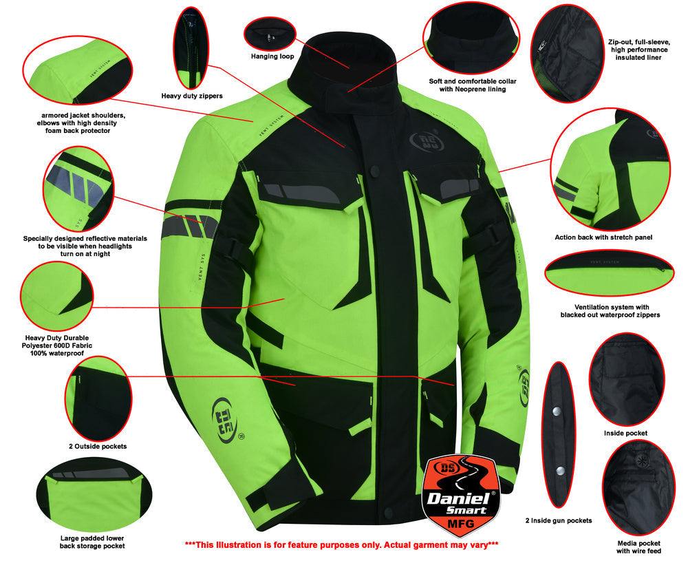 DS 4-Season Hi-Vis Mens Textile Motorycyle Jacket Waterproof & Ventilated