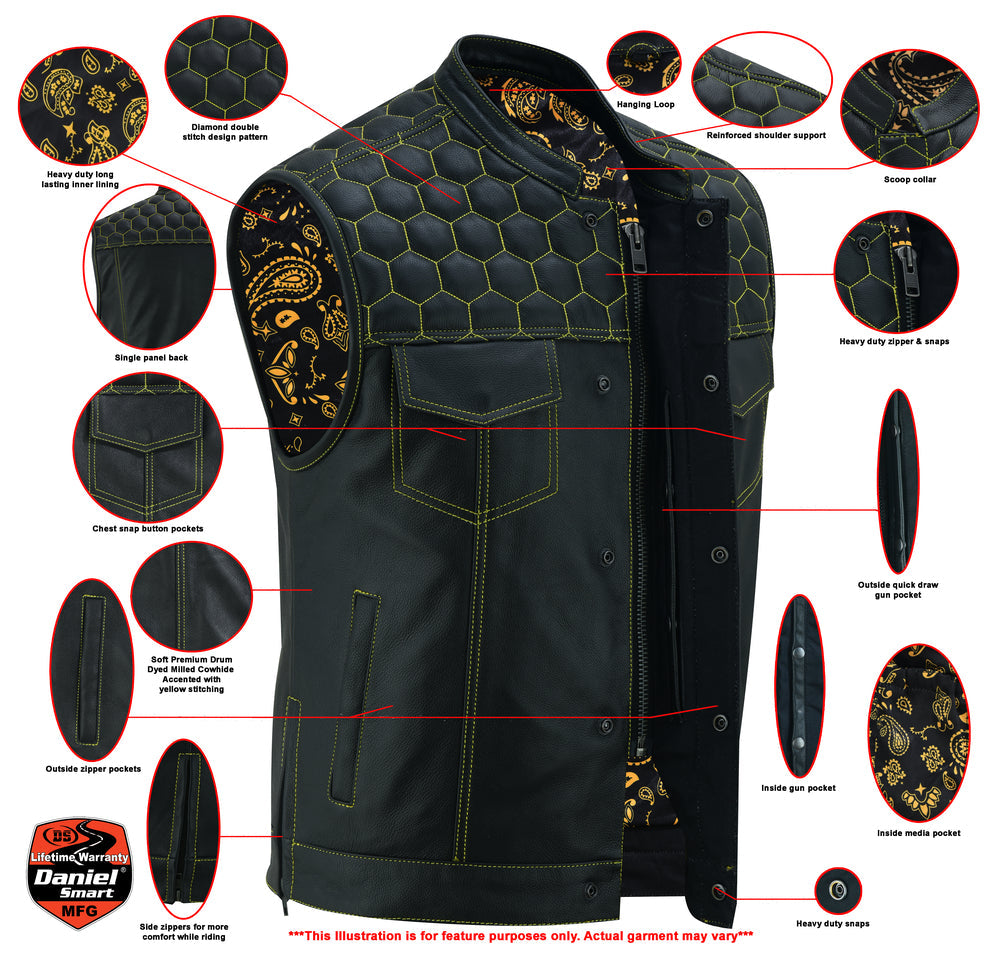 DS Men's Gold Rush Black Leather Vest - Yellow Stitching