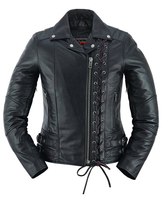 Black Pearl Women's Fashion Leather Jacket with Front Lace Accent
