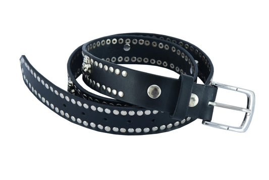 Alternate View Black Leather Belt with Silver Studs and Skulls