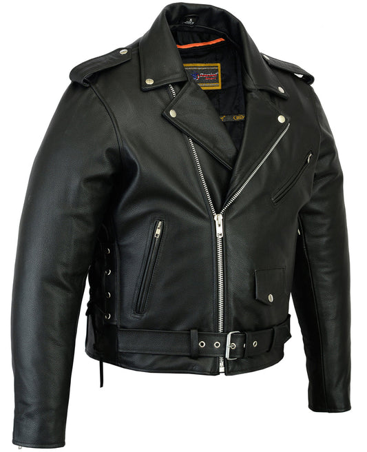 DS Men’s Classic Side Lace Police Black Leather Motorcycle Jacket