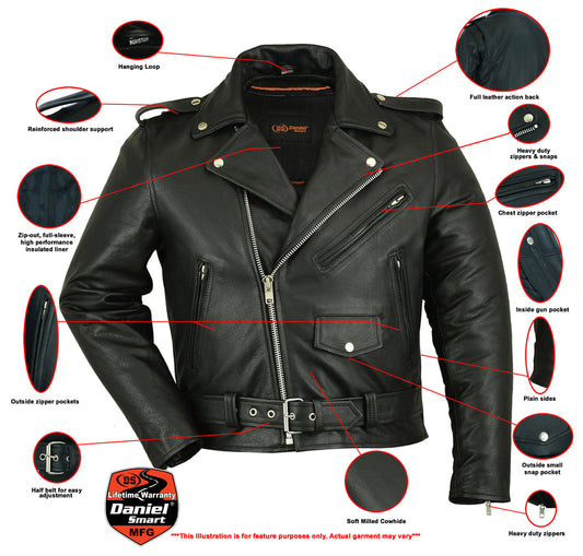 DS Men's Classic Plain Side Police Style Motorcycle Jacket - Black
