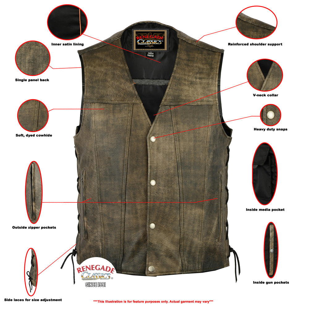 Infographic Antique Charm Men's Antique Brown Leather Motorcycle Vest