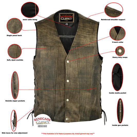 Infographic Antique Charm Men's Antique Brown Leather Motorcycle Vest